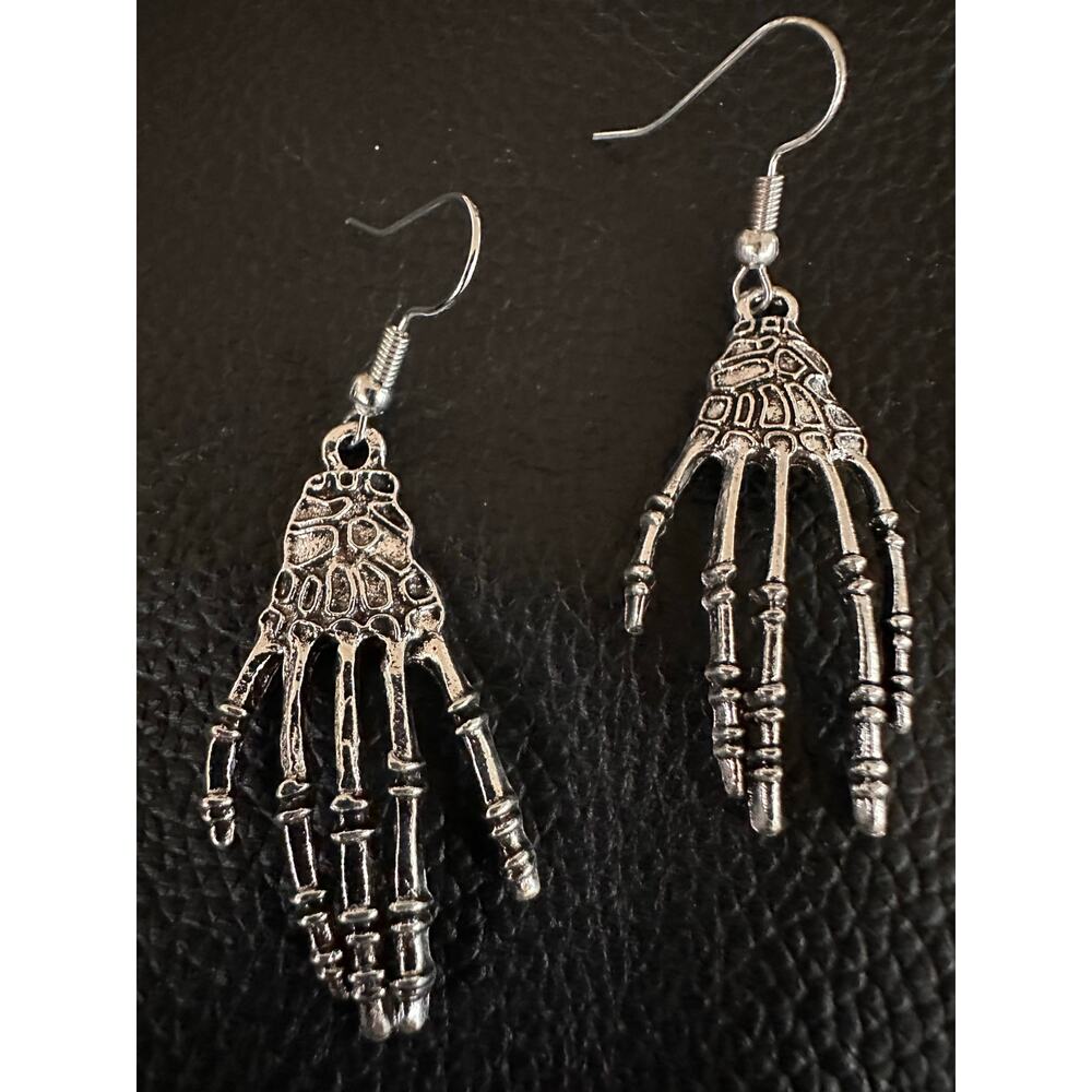 Creepy Skeleton Hand Silver Tone Goth Earrings